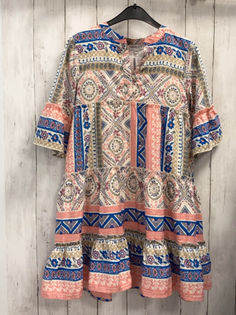 Happy Girls  Kleid  Gr. 140  weiß beige himbeere blauer Druck mit Blumen Rauten 