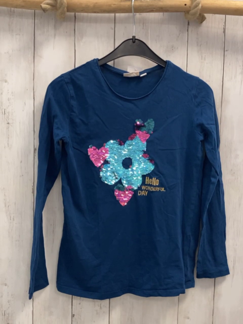   Langarmshirt   Gr. 134/140  blau Pailettenherzen goldene Schrift 