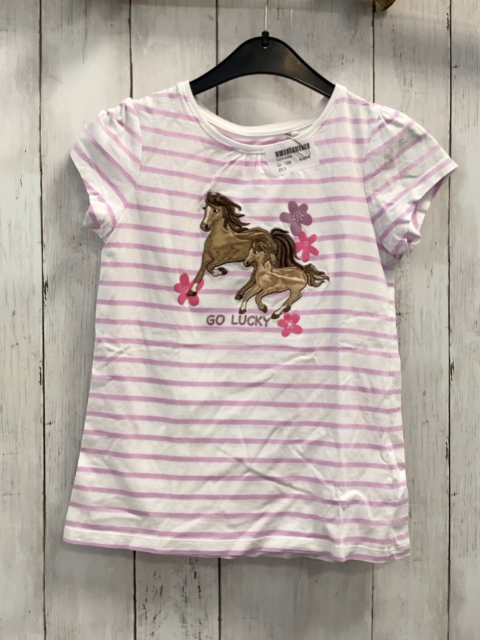  T-Shirt Gr. 128  weiß flieder Streifen Pferde