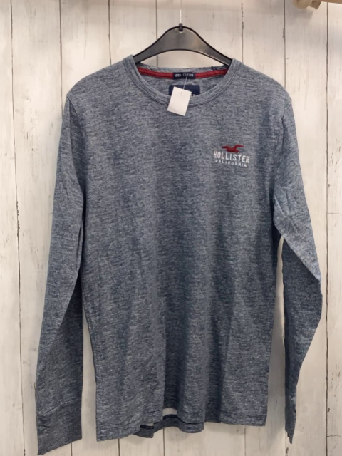 Hollister  Langarmshirt  Gr. 170/176  blau hellgrau meliert weiße Schrift 