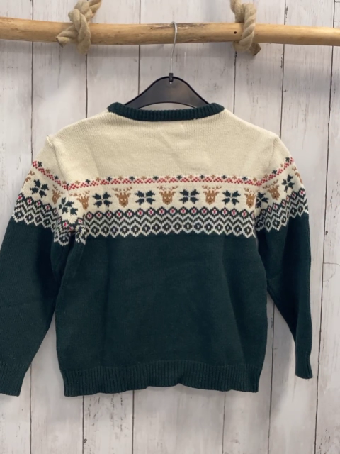 Vertbaudet  Pullover  Gr. 134  weiß grün Strick + Muster mit Zackenstreifen + Hirschen 