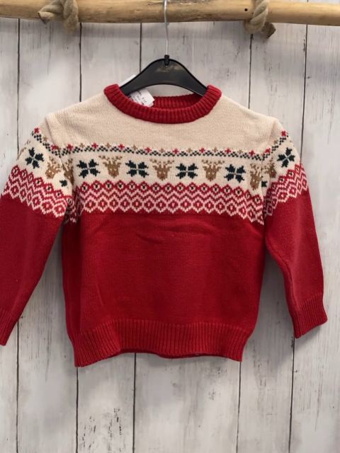 Vertbaudet  Pullover  Gr. 116  weiß rot Strick Muster mit Zackenstreifen + Hirschen 