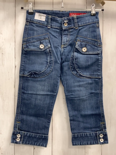 Vingino  Caprihose  Gr. 152  blau Jeans aufgsetzte Taschen gelbe Nähte 