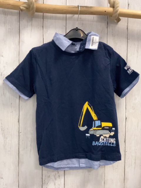   T-Shirt  Gr. 122  blau hellblauer Hemdkragen + Saum Bagger