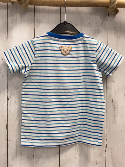 Steiff  T-Shirt  Gr. 92  weiß türkis blaue Strefen Bild mit Bär Schrift 
