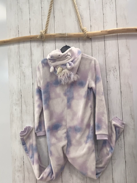 Vertbaudet  Plüschoverall  Gr. 152  weiß flieder hellblau gemustert Kapuze mit Einhorn 