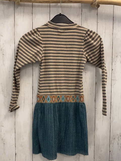 Like Flo  Kleid  Gr. 128  beige grau geripptes Oberteil petrol Faltenrock mit Glitzer Gürtelband mit orange türkis hellblau ocker Rauten  