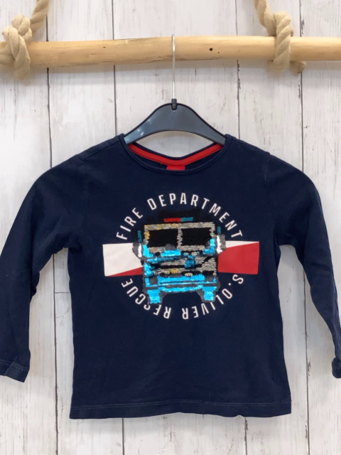 S´ Oliver  Langarmshirt  Gr. 92  blau Pailettenfeuerwehr Schrift 