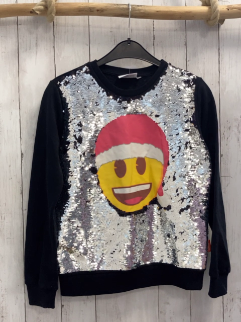 Emoji Pullover  Gr. 158/164  schwarz Vorderseite mit silber Pailetten Emoji mit Weihnachtsmütze 