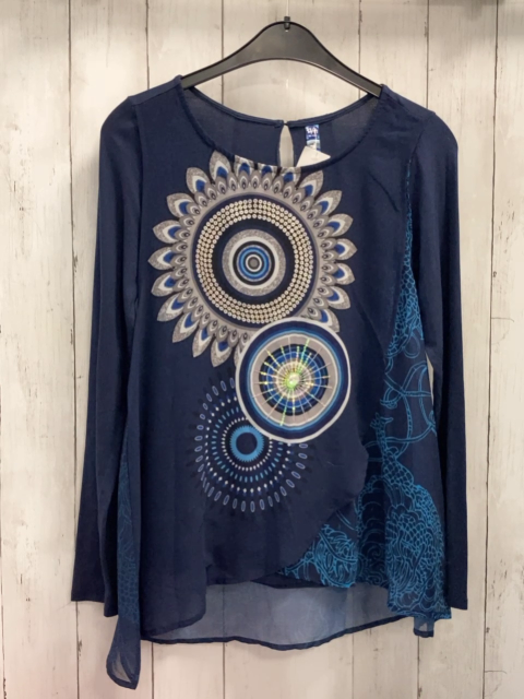 Desigual Bluse  Gr. 158/164  blau grau bunte Kreise mit Pailetten transparenter Stoff mit hellblauem Druck 