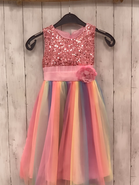   Kleid  Gr. 140  rosa Oberteil mit Pailetten bunter Tüllüberrock 