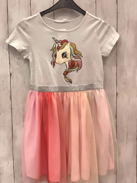 H&M  Kleid  Gr. 122/128  weißes Oberteil mit Einhornkopf silber Glitzergürtelband bunter Tüllüberrock