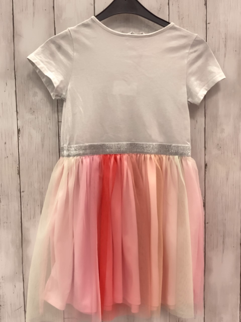 H&M  Kleid  Gr. 122/128  weißes Oberteil mit Einhornkopf silber Glitzergürtelband bunter Tüllüberrock