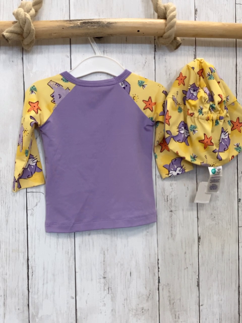 neu 2tlg Mio  UV-Schutzshirt + Kappe  Gr. 74/80  flieder gelb mit Seehunden Fischen Seesternen 