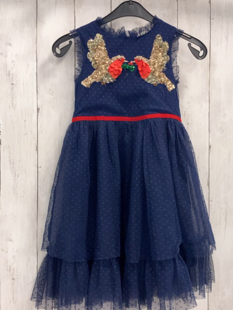 Mini Boden  Kleid  Gr. 110  blau Tüllüberkleid mit Punkten goldene Pailettenvögel rotes Gürtelband 