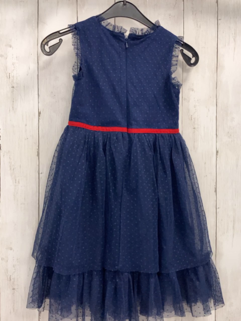 Mini Boden  Kleid  Gr. 110  blau Tüllüberkleid mit Punkten goldene Pailettenvögel rotes Gürtelband 