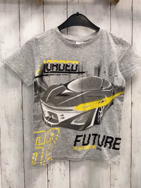   T-Shirt Gr. 134  grau Renwagen gelbe Schrift 