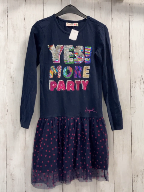 Desigual  Kleid  Gr. 146/152  blau bunte Pailettenschrift Tüllüberrock mit pink Punkten 