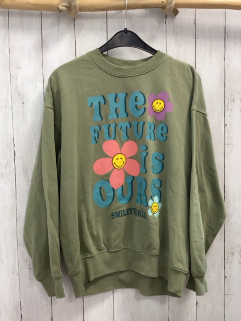 H&M  Pullover  Gr. 158(/164  kiwi Blumen Schrift 
