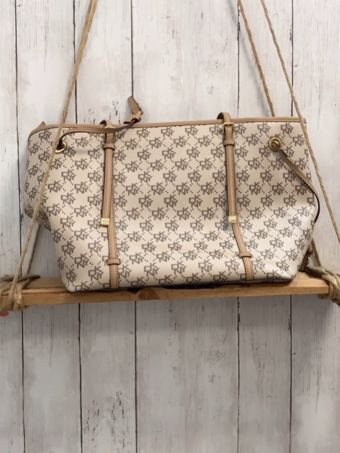 neu DKNY Tasche  beige/grau graue Schrift + hellbraune Riemen 