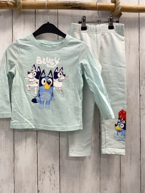 2tlg  Langarmshirt + Leggins  Gr. 98  mint Bluey Figuren Schrift 