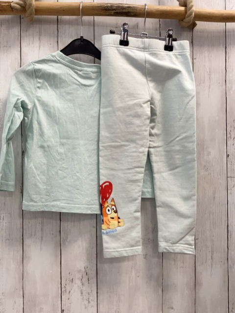 2tlg  Langarmshirt + Leggins  Gr. 98  mint Bluey Figuren Schrift 