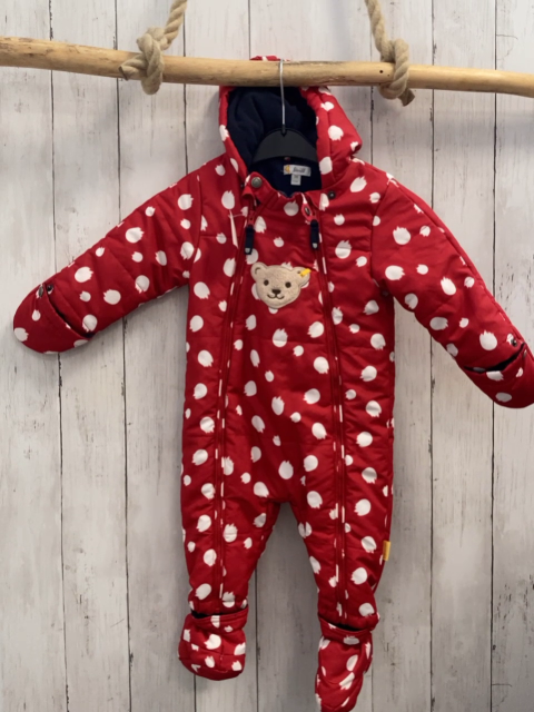 2tlg Steiff  Winteroverall + Schuhe  Gr. 74  rot weißer Druck Plüschbärenkopf blaues Futter 