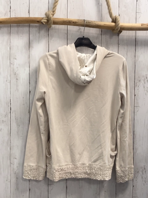   Pullover Gr. M beige Kapuze gesmokter Bund Schrift "Love" mit Stickerei + Perln 