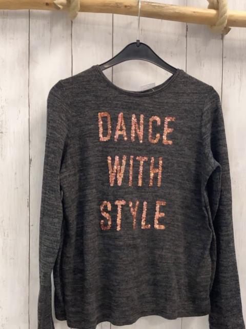   Pullover  Gr. 146  grau meliert Strick bronze Pailettenscrift 