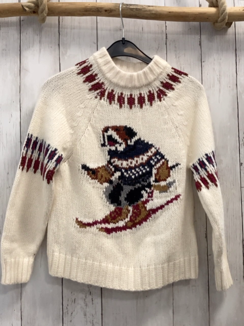 Zara  Pullover  Gr. 134  weiß Strick Hund auf Skiern + Muster 