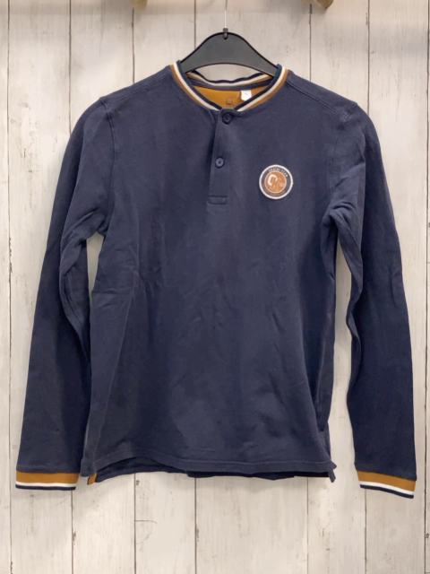 Okaidi  Langarmshirt  Gr. 164  blau Aufnäher blau weiß ocker Streifenbund Knopfleiste 