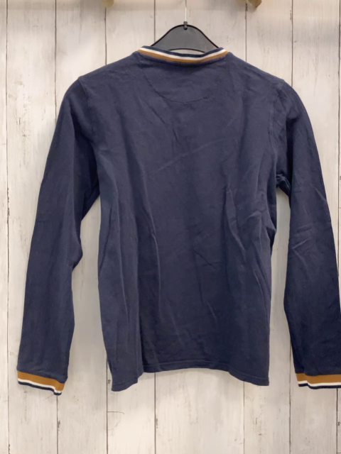 Okaidi  Langarmshirt  Gr. 164  blau Aufnäher blau weiß ocker Streifenbund Knopfleiste 