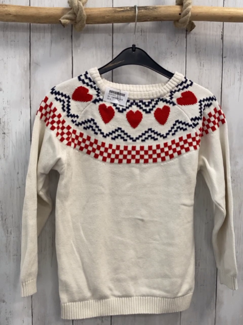   Pullover  Gr. 134/140  weiß Strick + blau rotes Muster mit Herzen + Quadraten 