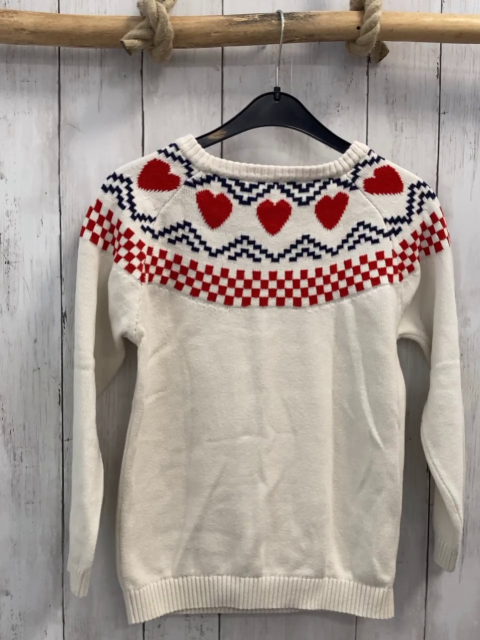   Pullover  Gr. 134/140  weiß Strick + blau rotes Muster mit Herzen + Quadraten 