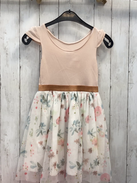 Petit Bateau  Kleid  Gr. 128  rosa Oberteil mit Rosette ewißer Rock mit transparentem Überrock mit Blättern 