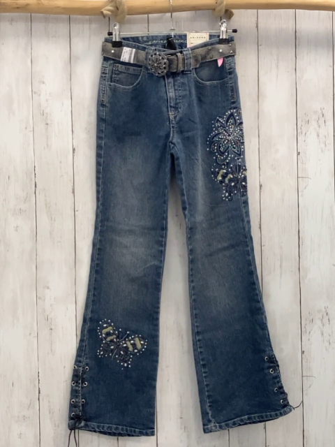 2tlg neu Arizona  Hose + Gürtel  Gr. 152  blau Jeans Blumen mit bunten Steinen + grau mit Nieten 