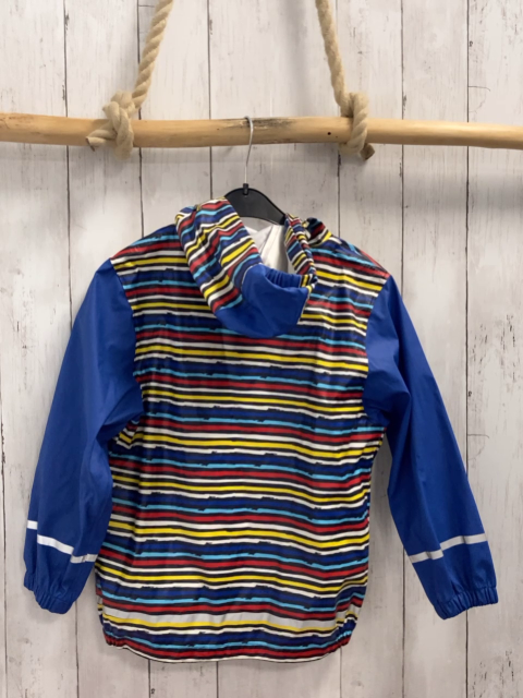   Rergenjacke  Gr. 128  blau + bunte Streifen Kapuze 