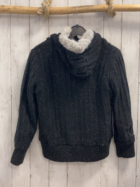 Zara  Strickjacke  Gr. 140  dunkelgrau hellgraue Punkte Kapuze mit hellgrauem Fellbund 