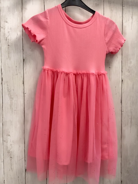 H&M  Kleid  Gr. 122/128  rosa geripptes Obetil Tüllüberrock mit Glitzerpunkten 