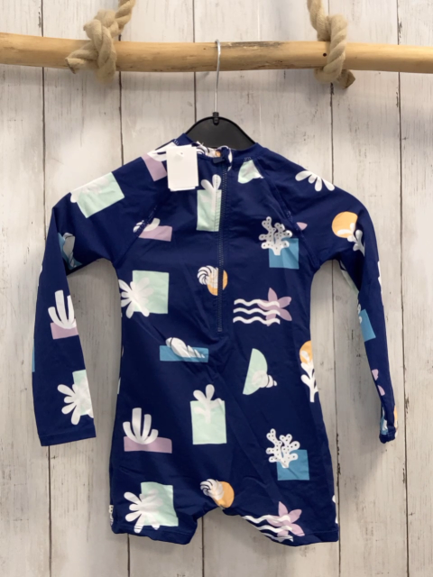   UV-Schutzoverall Gr. 98  blau bunte Quadrate Kreise Rechtecke weiß Blumen 