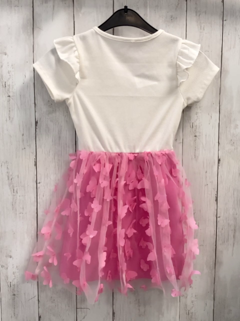   Kleid  Gr. 110  weißes geripptes Oberteil silber Glitzergürtelband pink Rock mit Tüllüberrock + pink Schmetterlingen 