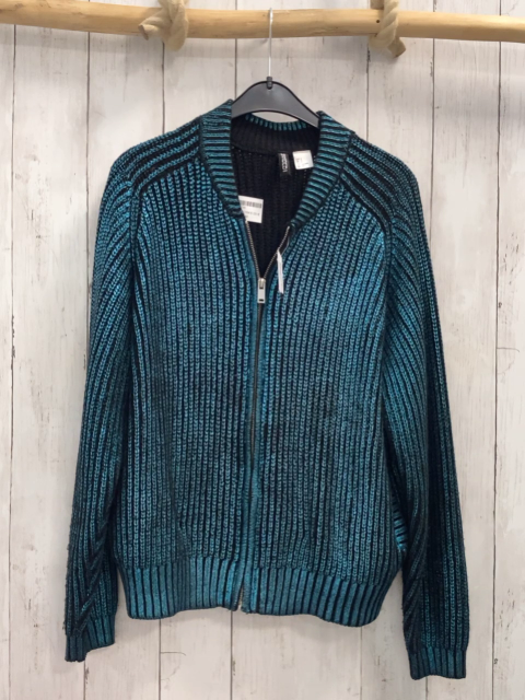 H&M  Strickjacke  Gr. 158/164  türkis glänzend + schwarz meliert Rippen 