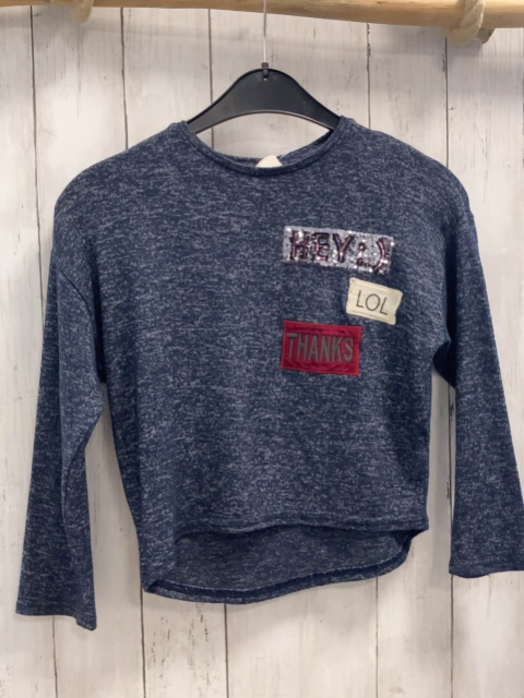 Zara  Pullover  Gr. 122  blau grau meliertz Aufnäher z.T. mit Pailetten