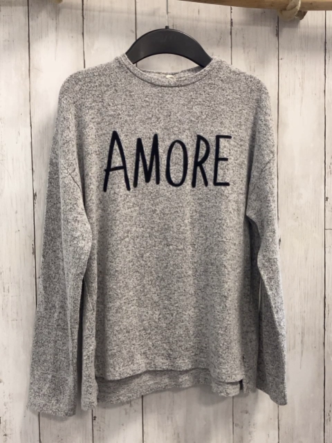 Zara  Pullover  Gr. 152  hellgrau grau meliert Strick schwarze Schrift 