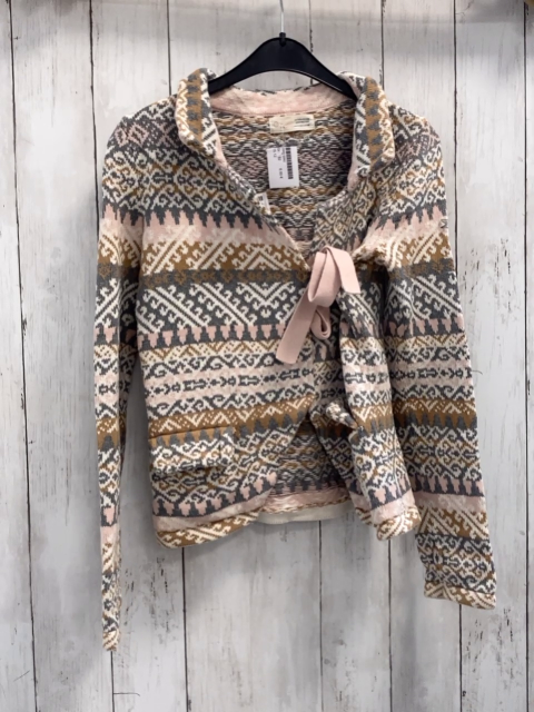   Strickjacke  Gr. 152  weiß grau rosa ocker Muster seitlich gebunden 