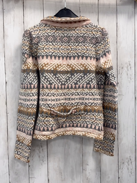   Strickjacke  Gr. 152  weiß grau rosa ocker Muster seitlich gebunden 