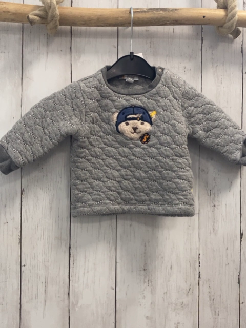 Steiff  Pullover  Gr. 80  grau hellgraue Streifen Bärenopf mit blauer Kappe 