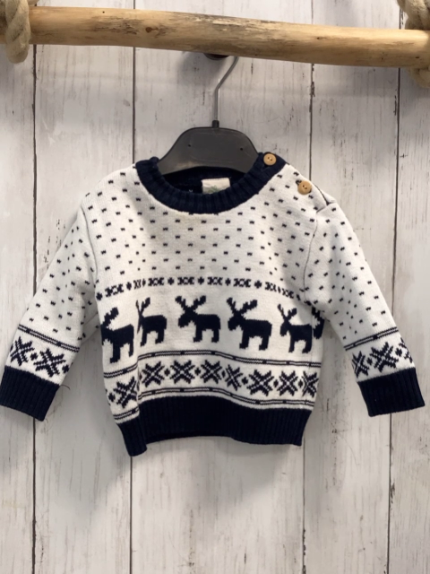 Alana  Pullover  Gr. 62  weiß blaues Muster mit Elchenblauer Bund Strick