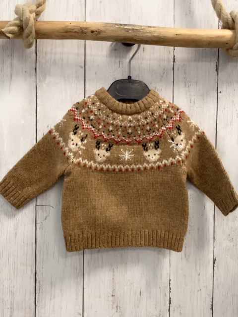 kiabi Pullover  Gr. 62  beige Strick Rehköpfe + weiß rot graues Muster 