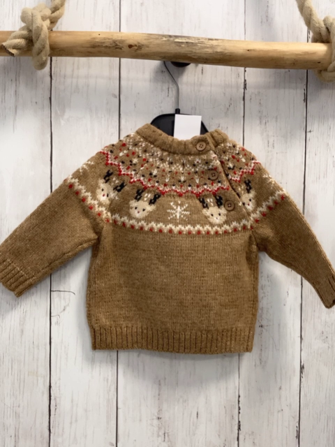 kiabi Pullover  Gr. 62  beige Strick Rehköpfe + weiß rot graues Muster 